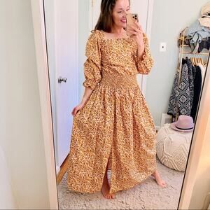 RIXO London Floral Dainty Ditsy Cottagecore Orange Maxi Dress Puff Sleeve M